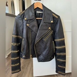 ALICE + OLIVIA Women’s Cody Black Gold Moto Crop Leather Jacket Size M